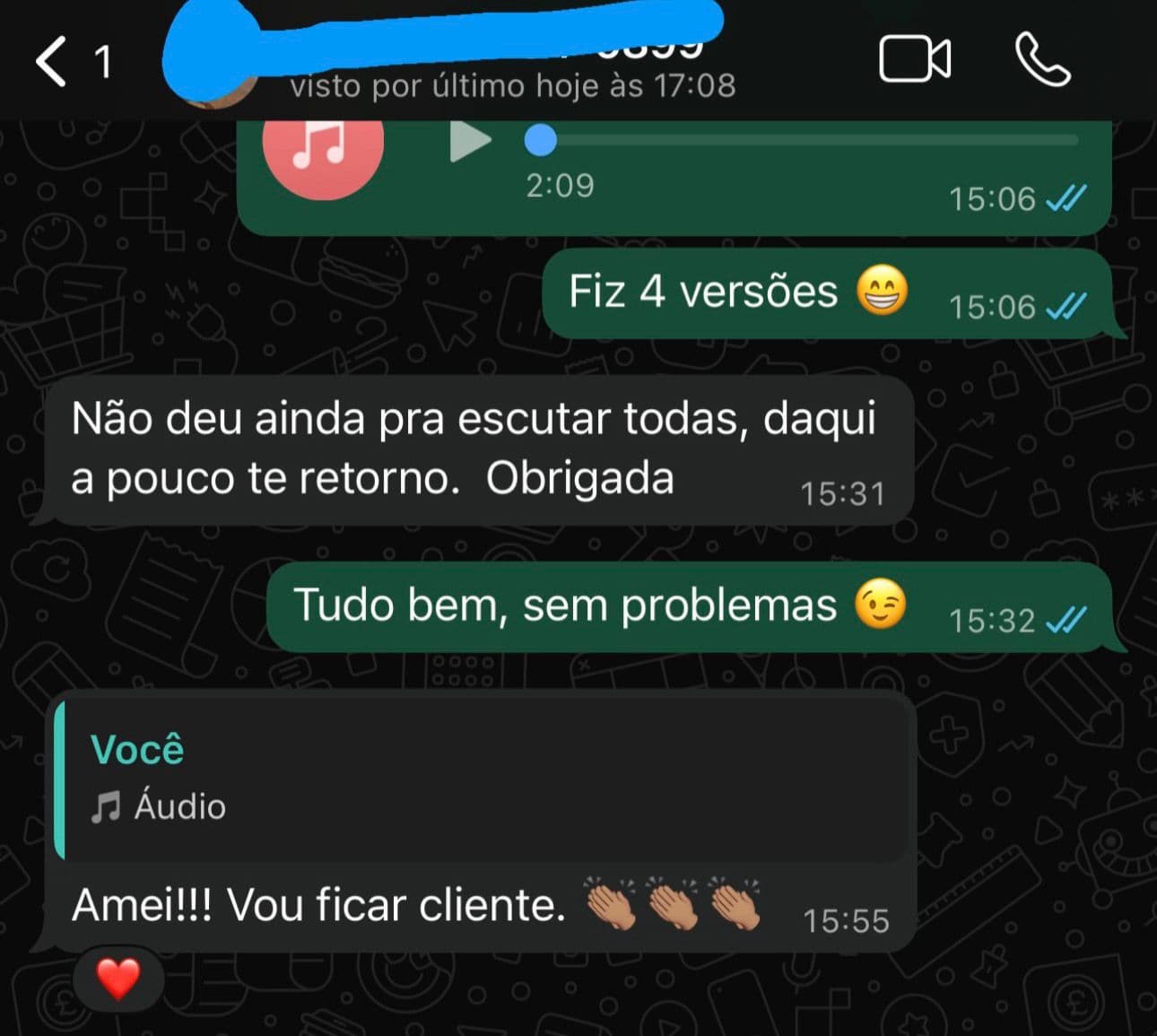 Print de conversa no WhatsApp de um cliente do Clube da Música