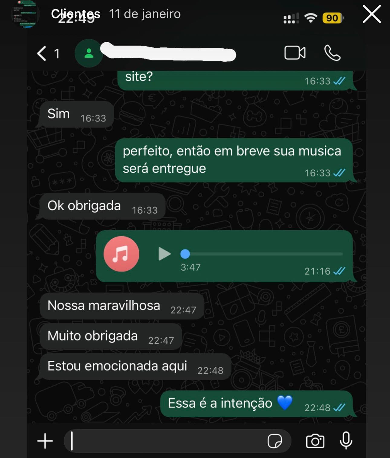 Print de conversa no WhatsApp de um cliente do Clube da Música